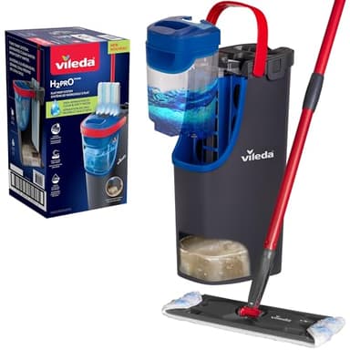 Vileda H2prO - Set di mocio piatto e secchio, separazione dell'acqua pulita e sporca al 100%, strumento per la pulizia di pareti e battiscopa, lavabile in lavatrice, riutilizzabile, in microfibra