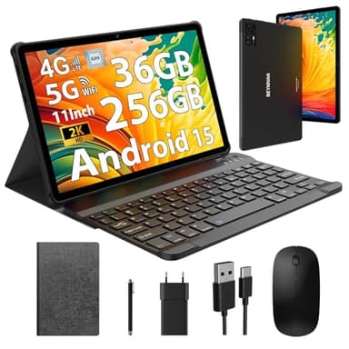 BEYNIVAN Tablet 11 Pollici Android 15 Tablet,Doppio SIM 4G LTE+5G WiFi,Octa-Core 2.0Ghz,2000x1200 FHD/36GB RAM+128GB ROM/9580mAh/BT5.0/Face Unlock/OTG/GPS-Tablets in Offerta con Tastiera e Mouse,Nero