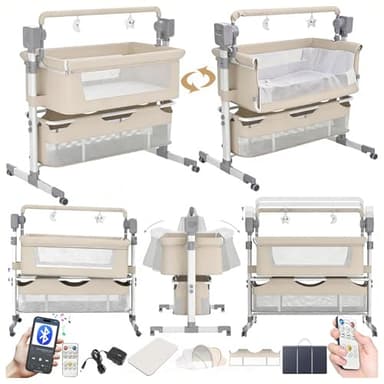 Magic ZC Elettrico Bluetooth Intelligente Culla Neonato Next to me, Convertibile Culla Co-sleeping, Telecomando e 5 Ingranaggi Oscillanti, Pieghevole Neonato Fianco Letto con Musica (601 Beige)