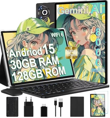 Tablet Android 15, 30GB RAM 128GB ROM(TF 2TB Espandibile), 10 Pollici, 8000mAh, WIFI 5G/ GPS/ BT5.0/ OTG, Face ID, Widevine L1, Tablets Corpo in Metallo con Tastiera, Mouse, Custodia Protettiva -Nero