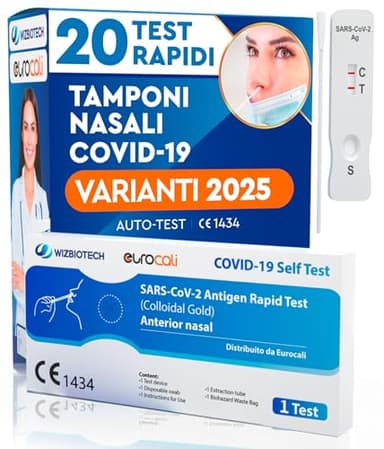 20x Tamponi COVID 19 - Test Nuove Varianti 2025 - Tamponi Rapidi Nasali Certificati per Uso Domestico, Risultato Rapido