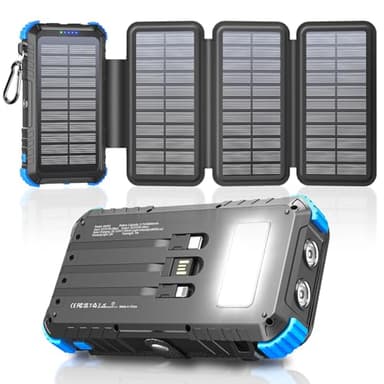 Power Bank Solare da 26800mAh con 4 Pannelli Solari, Power Bank USB C da 15W a Ricarica Rapida, 5 Uscite con 3 Cavi, Caricabatterie Solare Portatile per Esterni con Moschettone e Torce per Tablet