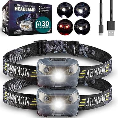 AENNON Torcia Frontale Ricaricabile (Confezione da 2) - 220 Lumen -, Batteria da 30 Ore - Lampada Frontale LED Impermeabile per il Campeggio, la Corsa, l'Escursionismo